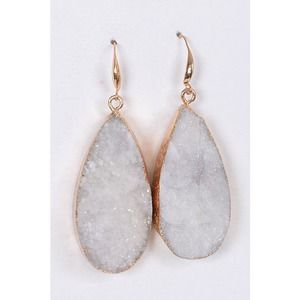 NEW NWT Boutique White Druzy Quartz Gold Dangle Teardrop Hook Earrings